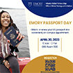 Emory Passport Day graphic with a student holding her passport out
